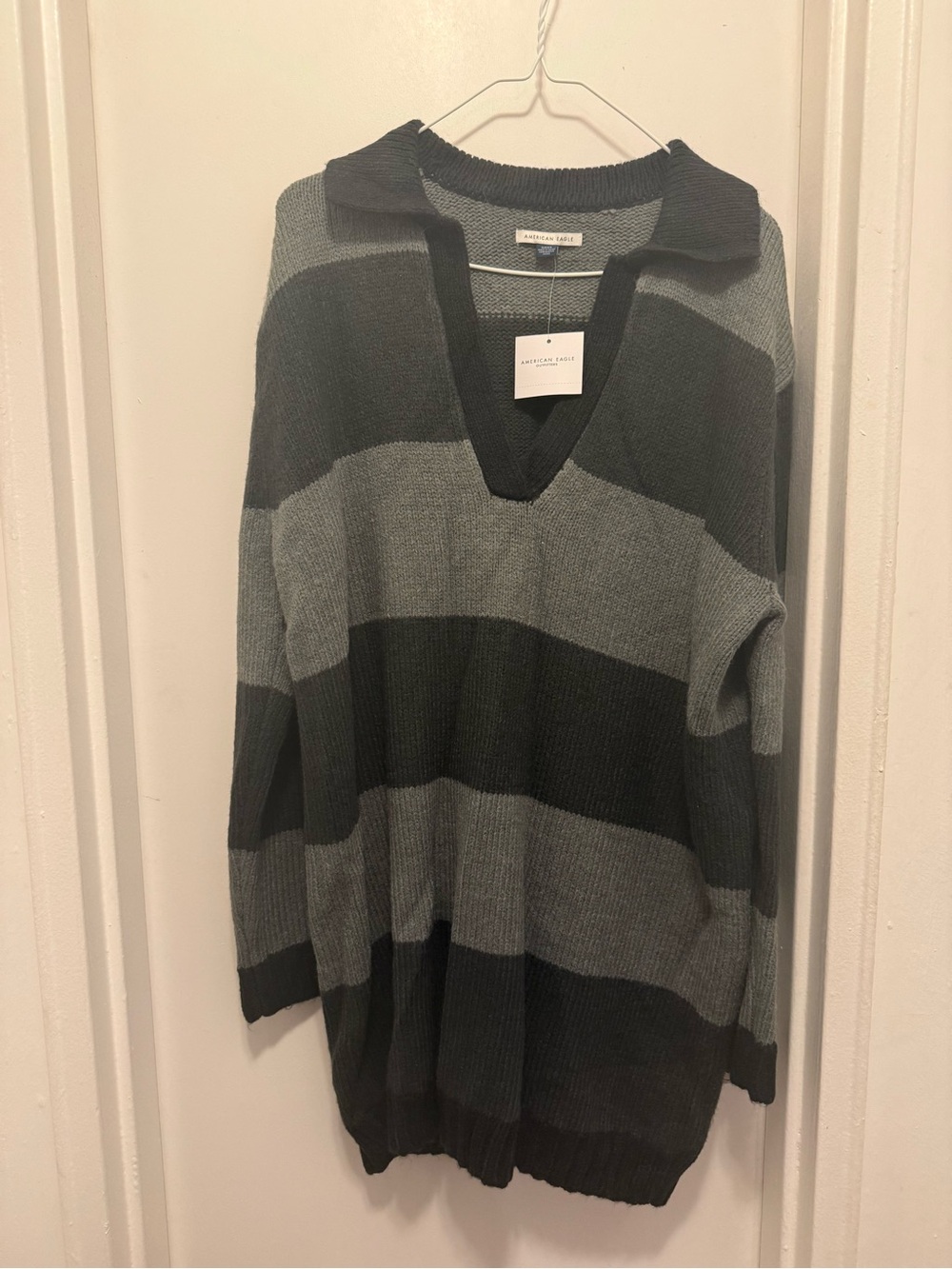 American Eagle Outfitters Gray & Charcoal Striped V-Neck Sweater